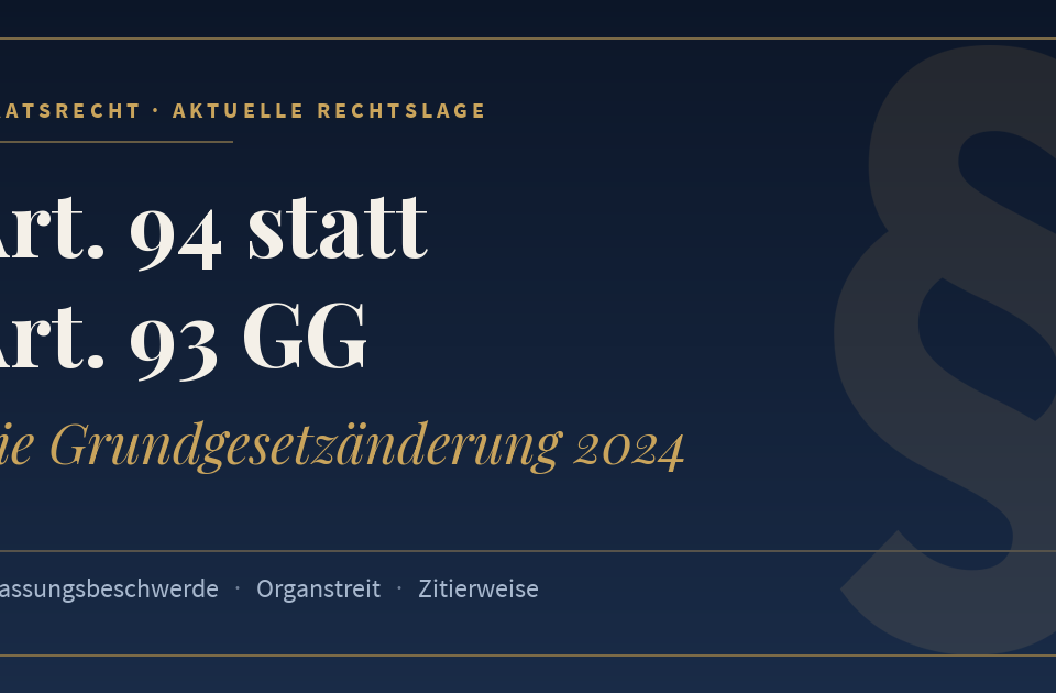 Art. 94 statt Art. 93 GG, Die Grundgesetzänderung 2024. Schlagworte: Verfassungsbeschwerde, Organstreit, Zitierweise.