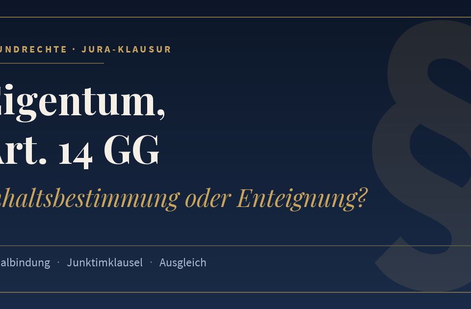 Eigentum, Art. 14 GG, Inhaltsbestimmung oder Enteignung?. Schlagworte: Sozialbindung, Junktimklausel, Ausgleich.