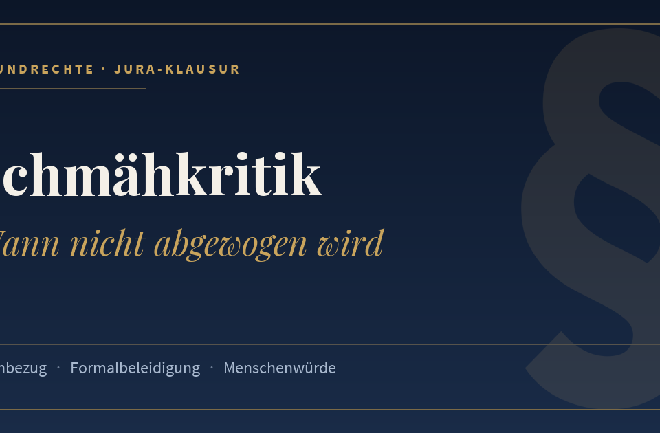 Schmähkritik, Wann nicht abgewogen wird. Schlagworte: Sachbezug, Formalbeleidigung, Menschenwürde.