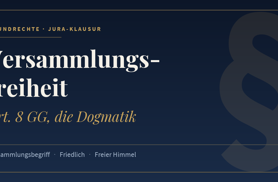Versammlungsfreiheit, Art. 8 GG, die Dogmatik. Schlagworte: Versammlungsbegriff, Friedlich, Freier Himmel.
