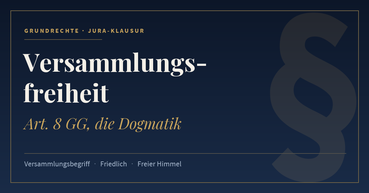 Versammlungsfreiheit, Art. 8 GG, die Dogmatik. Schlagworte: Versammlungsbegriff, Friedlich, Freier Himmel.